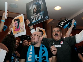 Soccer fans celebrate before an announcement by Major League Soccer that an MLS expansion team is coming to Miami, backed by David Beckham and investors on Jan. 29, 2018