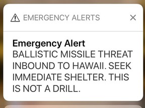 This Jan. 13, 2018 file smartphone screen capture shows a false incoming ballistic missile emergency alert sent from the Hawaii Emergency Management Agency system.