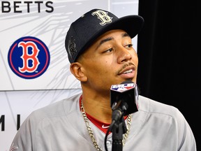 Mookie Betts of the Boston Red Sox speaks with the media during Gatorade All-Star Workout Day at Marlins Park on July 10, 2017 in Miami. (Mark Brown/Getty Images)