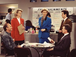 (From left to right) Joe Regalbuto, Candice Bergen, Faith Ford, Charles Kimbrough, and Grant Shaud in "Murphy Brown." (Supplied)