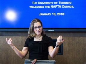 Chrystia Freeland, Minister of Foreign Affairs, hosts a meeting with members of Canada's NAFTA Council about the renegotiations of the North American Free Trade Agreement in Toronto on Thursday, Jan. 18, 2018. THE CANADIAN PRESS/Nathan Denette