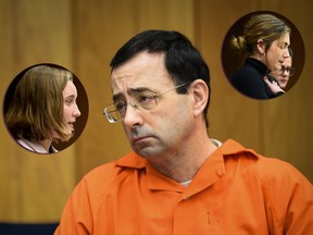 Larry Nassar listens to a victim impact statement from 17-year-old Jessica Thomashow (inset, left) Wednesday, Jan. 31, 2018, during the first day of victim impact statements in Eaton County Circuit Court in Charlotte, Mich. Former gymnast Alison Labrie (inset, left) also made a statement.   (Matthew Dae Smith/Lansing State Journal via AP)