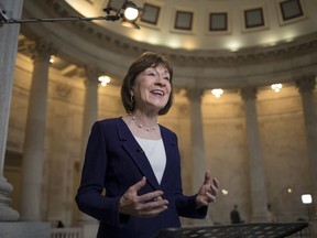 In this Jan. 23, 2018, file photo, Sen. Susan Collins, R-Maine, speaks during a TV news interview on Capitol Hill in Washington.