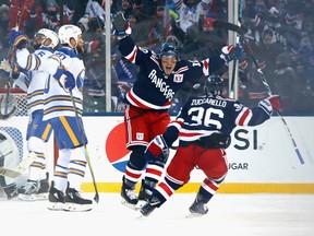 J.T. Miller of the New York Rangers celebrates his game-winning goal during the Winter Classic at Citi Field on Jan. 1, 2018