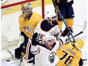 Edmonton Oilers center Mark Letestu (55) celebrates after apparently scoring against the Nashville Predators on Tuesday, Jan. 9, 2018, in Nashville, TN. The goal was disallowed after a challenge on a player being offside. The Predators won 2-1.