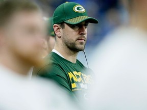 Green Bay Packers quarterback Aaron Rodgers watches from the sideline on Dec. 31, 2017