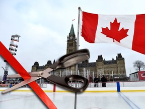 A Canadian flag standing on the ice flies in front of Centre Block before the official inauguration of the Canada 150 Rink on Parliament Hill in Ottawa on Thursday, Dec. 7, 2017.