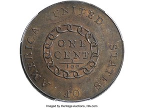 This undated image provided by Heritage Auctions shows a 1793 cent made by the U.S. mint in Philadelphia. The penny went up for auction at the annual Florida Numismatic Convention in Tampa, Fla., this week. (Heritage Auctions via AP)