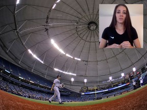 A photo of "Brianna Rah" is inset on a photo of Tropicana Field in St. Petersburg, Fla.