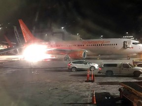 A picture obtained from the Facebook account of Connie Carson shows a Sunwing's airplane (front) colliding with a WestJet plane at Toronto's Pearson Airport.