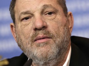 In this Feb. 9, 2015 file photo, Harvey Weinstein speaks during a news conference for film Woman in Gold at the 2015 Berlinale Film Festival in Berlin.