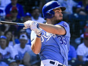 Eric Hosmer of the Kansas City Royals hits the ball against the Cleveland Indians during the game at Kauffman Stadium on May 6, 2017