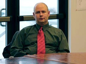 Town Manager Tom Kawczynski sits in the Jackman, Maine, town hall on Tuesday, Jan. 23, 2018, before a select board meeting over his publicly espoused white separatist views. The Jackman Select Board voted unanimously to dismiss him.