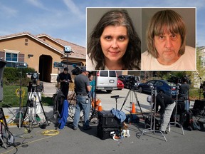 Members of the media work outside a home Tuesday, Jan. 16, 2018, where police arrested Louise Anna Turpin (L) and David Allen Turpin (R) on Sunday accused of holding 13 children captive, in Perris, Calif.