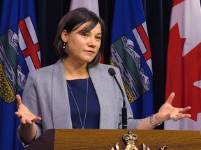 Alberta Environment Minister Shannon Phillips announces details of a bill introduced in the legislature in Edmonton on November 1, 2016.