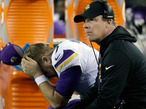 Minnesota Vikings quarterback Case Keenum, left, reacts on the bench beside offensive coordinator Pat Shurmur during the second half of the NFC championship game against the Philadelphia Eagles on Jan. 22, 2018