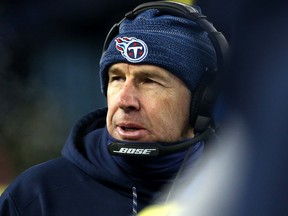 Head coach Mike Mularkey of the Tennessee Titans looks on in the second quarter of the AFC Divisional Playoff game against the New England Patriots at Gillette Stadium on Jan. 13, 2018