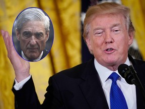 U.S. President Donald Trump says he is "looking forward to" answering questions from Robert Mueller (inset) under oath. (MANDEL NGAN/AFP/Getty Images/AP Photo/Charles Dharapak, File)