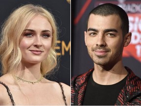 This combination photo shows Sophie Turner at the 68th Primetime Emmy Awards in Los Angeles on Sept. 18, 2016, left, and musician Joe Jonas at the iHeartRadio Music Awards in Inglewood, Calif., on March 5, 2017.  (Jordan Strauss/Invision/AP, File)