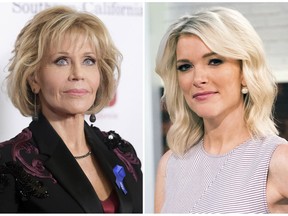 In this combination photo, Jane Fonda appears at the 2017 ACLU SoCal's Bill of Rights Dinner in Beverly Hills, Calif., on Dec. 3, 2017, left, and Megyn Kelly poses on the set of her new show, "Megyn Kelly Today" in New York on  Sept, 21, 2017.  Kelly says Jane Fonda "has no business lecturing anyone on what qualifies as offensive" after the actress criticized her for bringing up the subject of plastic surgery in an interview last September.  Fonda glared at Kelly and objected to the topic and, in an interview with Variety published over the weekend, called the question inappropriate and said she was stunned it was brought up. Kelly noted Monday, Jan. 22, 2018, that Fonda had discussed the topic of her own surgery in the past  (Photos by Richard Shotwell, left, Charles Sykes/Invision/AP)