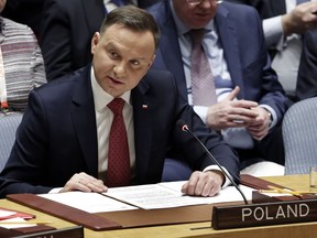 Poland's President Andrzej Duda addresses the United Nations Security Council, Thursday, Jan. 18, 2018.