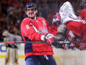 Alex Ovechkinof the Washington Capitals celebrates after scoring the game-winning goal against the Boston Bruins on Dec. 28, 2017