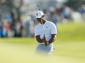 Tiger Woods reacts after missing a chip shot on the fourth hole during the third round of the Farmers Insurance Open at Torrey Pines South on Jan. 27, 2018 in San Diego, Calif.  (Michael Reaves/Getty Images)
