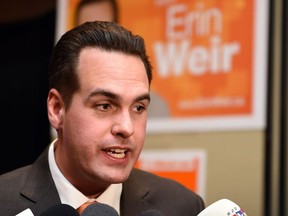 NDP candidate Erin Weir speaks after his election win in the Regina-Lewvan riding in Regina on October 19, 2015.