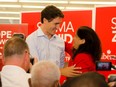 Scarborough Centre MP Salma Zahid greets Prime Minister Justin Trudeau in a visit to her campaign office on Aug. 7, 2015 in Toronto, Ont.