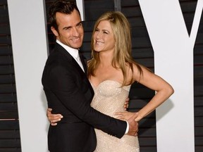 Justin Theroux, left, and Jennifer Aniston arrive at the 2015 Vanity Fair Oscar Party on Sunday, Feb. 22, 2015, in Beverly Hills, Calif.