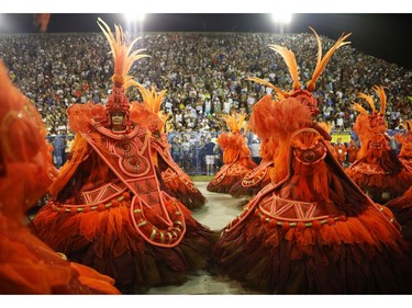 Performers from the Salgueiro samba school parade in the Sambadrome on February 13, 2018 in Rio de Janeiro, Brazil. Carnival is the grandest holiday in Brazil, annually drawing millions in raucous celebrations culminating on Fat Tuesday before the start of the Catholic season of Lent which begins on Ash Wednesday.