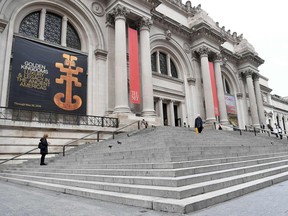 A banner for the upcoming "Golden Kingdoms: Luxury and Legacy in the Ancient Americas" exhibition hangs outside The Metropolitan Museum of Art on February 26, 2018 in New York City.