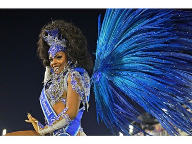 The first princess of the 2018 Rio Carnival, Deisiane Jesus, dances during the second night of Rio's Carnival at the Sambadrome in Rio de Janeiro, Brazil, on February 12, 2018. (CARL DE SOUZA/AFP/Getty Images)