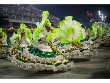 Revellers of the Imperatriz Leopoldinense samba school perform during the second night of Rio's Carnival at the Sambadrome in Rio de Janeiro, Brazil, on February 13, 2018. (MAURO PIMENTEL/AFP/Getty Images)