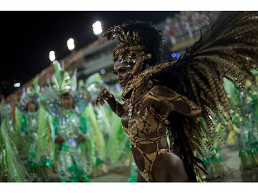Revellers of the Imperatriz Leopoldinense samba school perform during the second night of Rio's Carnival at the Sambadrome in Rio de Janeiro, Brazil, on February 13, 2018.