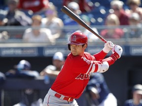 Los Angeles Angels' Shohei Ohtani bats during the first inning of a spring training baseball game against the San Diego Padres, Monday, Feb. 26, 2018, in Peoria, Ariz.