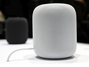 This June 5, 2017, file photo shows the HomePod speaker in a showroom during an announcement of new products at the Apple Worldwide Developers Conference in San Jose, Calif. Apple's new internet-connected speaker is proving to be more appealing to the ears than to the eyes, depending on where the device is placed. Some people who bought the just-released $349 speaker, dubbed the HomePod, are reporting that it leaves a white ring on the surfaces of wooden furniture. In an explanation posted Wednesday, Feb. 14, 2018, Apple said the problem occurs with speakers that, like the HomePod, are equipped with a silicon base to minimize vibration.