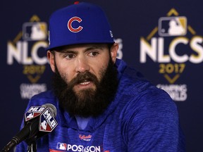 In this Oct. 17, 2017, file photo, Chicago Cubs' Jake Arrieta talks during a news conference before Game 3 of the National League Championship Series against the Los Angeles Dodgers, in Chicago. (AP Photo/Charles Rex Arbogast, File)