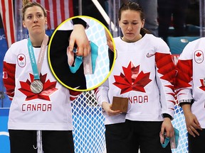 Jocelyne Larocque #3 of Canada refuses to wear her silver medal after losing to the United States in the Women's Gold Medal Game on day thirteen of the PyeongChang 2018 Winter Olympic Games at Gangneung Hockey Centre on February 22, 2018 in Gangneung, South Korea.  (Photo by Bruce Bennett/Getty Images)