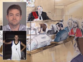 In this courtroom sketch, (left to right) Ravin Pillay (Dellen Millard's lawyer), Thomas Dungey (Mark Smich's lawyer), Dellen Millard, Mark Smich, Justice Michael Code, and Laura Babcock's parents Clayton and Linda attend the sentencing hearing for Millard and Smich in Toronto on Monday, Feb. 26, 2018. Handout photographs of Millard and Smich from Ontario Courts appear over top.