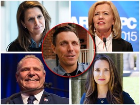 Patrick Brown (centre)  is entering the Ontario PC Party leadership race. He will face off against (clockwise from top left) Caroline Mulroney, Christine Elliott, Tanya Granic Allen and Doug Ford. (Clifford Skarstedt/Postmedia Network/Jean Levac/Postmedia/THE CANADIAN PRESS/Christopher Katsarov/Tanya Granic Allen/Twitter/THE CANADIAN PRESS/Chris Young)