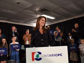Caroline Mulroney speaks after being named as the Ontario Progressive Conservatives nominee for the riding of York-Simcoe in Toronto on Sunday, Sept. 10, 2017. (THE CANADIAN PRESS/HO - Caroline Mulroney Campaign)