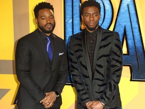 Ryan Coogler (left) and Chadwick Boseman (right) attend the Black Panther European Premiere at the Eventim Apollo, in London, England on Thursday, Feb. 8, 2018.