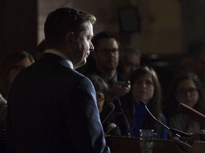 Leader of the Opposition Andrew Scheer speaks with the media following Question Period on Parliament Hill in Ottawa on Jan. 31, 2018.