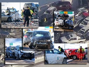 A 40 vehicle pile-up that closed the westbound lanes of Stoney Trail S.E.  in Calgary on Friday, Feb. 9, 2018. (Al Charest/Postmedia/Global 1 chopper video scrneengrab)