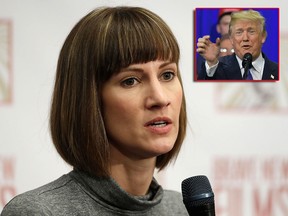 In this Dec. 11, 2017, file photo, Rachel Crooks, a university administrator and former Trump Tower receptionist, discusses her sexual misconduct accusations against Donald Trump (inset) during a news conference with two other accusers in New York. (AP Photo/Mark Lennihan, File/MANDEL NGAN/AFP/Getty Images)
