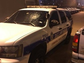 Dallas Police Association shared this photo on their Facebook page of one of their cruisers that was damaged after a man allegedly hit dozens of police vehicles witha sledgehammer. (Facebook)