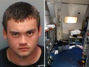 The photo on the right taken by the FBI on July 7, 2017, and released via the U.S. Attorney's Office in Seattle shows the aftermath of a cabin on Delta Flight 129 from Seattle to Beijing. Joseph Daniel Hudek IV, 24, pleaded guilty Friday, Feb. 9, 2018, to one count of interfering with a flight-crew member and three counts of assault on an aircraft with a potential deadly weapon. (Pinellas County Sheriff's Office/FBI via U.S. Attorney's Office in Seattle via AP, File)