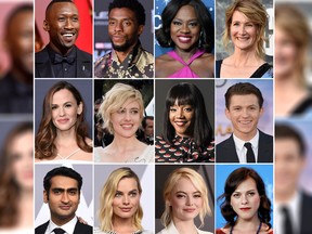 This combination photo shows, top row from left, Mahershala Ali, Chadwick Boseman, Viola Davis, Laura Dern, second row from left, Jennifer Garner, Greta Gerwig, Tiffany Haddish, Tom Holland and bottom row from left, Kumail Nanjiani, Margot Robbie, Emma Stone and Daniela Vega who will appear on the 90th annual Academy Awards. (AP Photo)