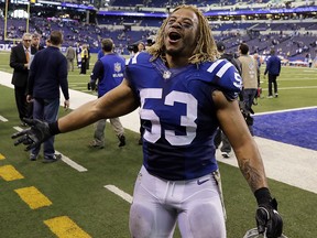 In this Nov. 20, 2016 file photo, Indianapolis Colts linebacker Edwin Jackson (53) walks off the field in Indianapolis. (AP Photo/Darron Cummings, File)